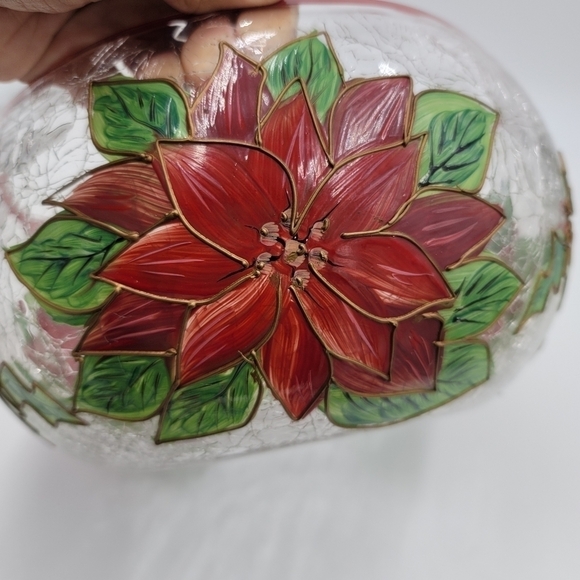Celebration Pointsettia Mouthblown, Hand Painted, Cracked Glass 9" Salad Bowl - Picture 8 of 13